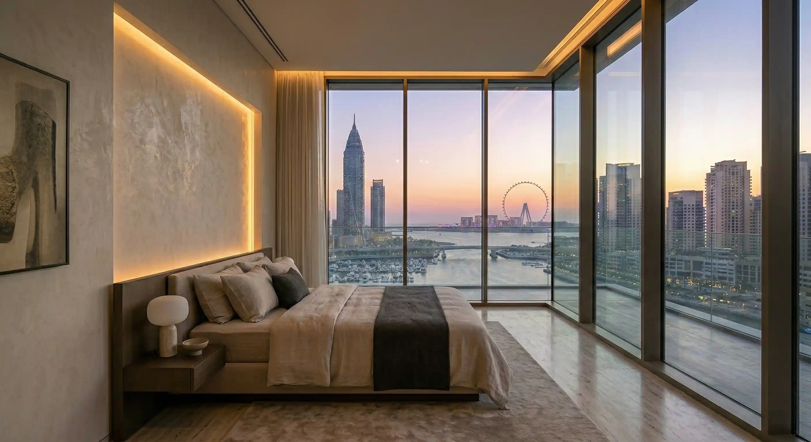 Master bedroom with floor-to-ceiling marina views