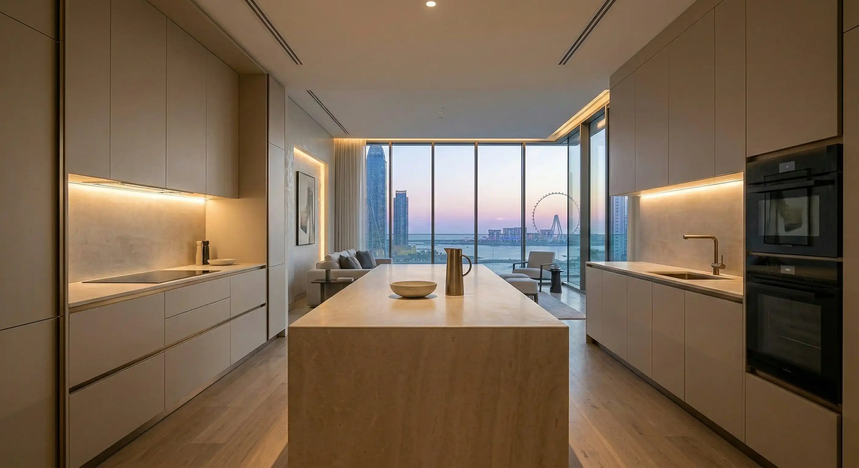 Open kitchen with panoramic skyline backdrop
