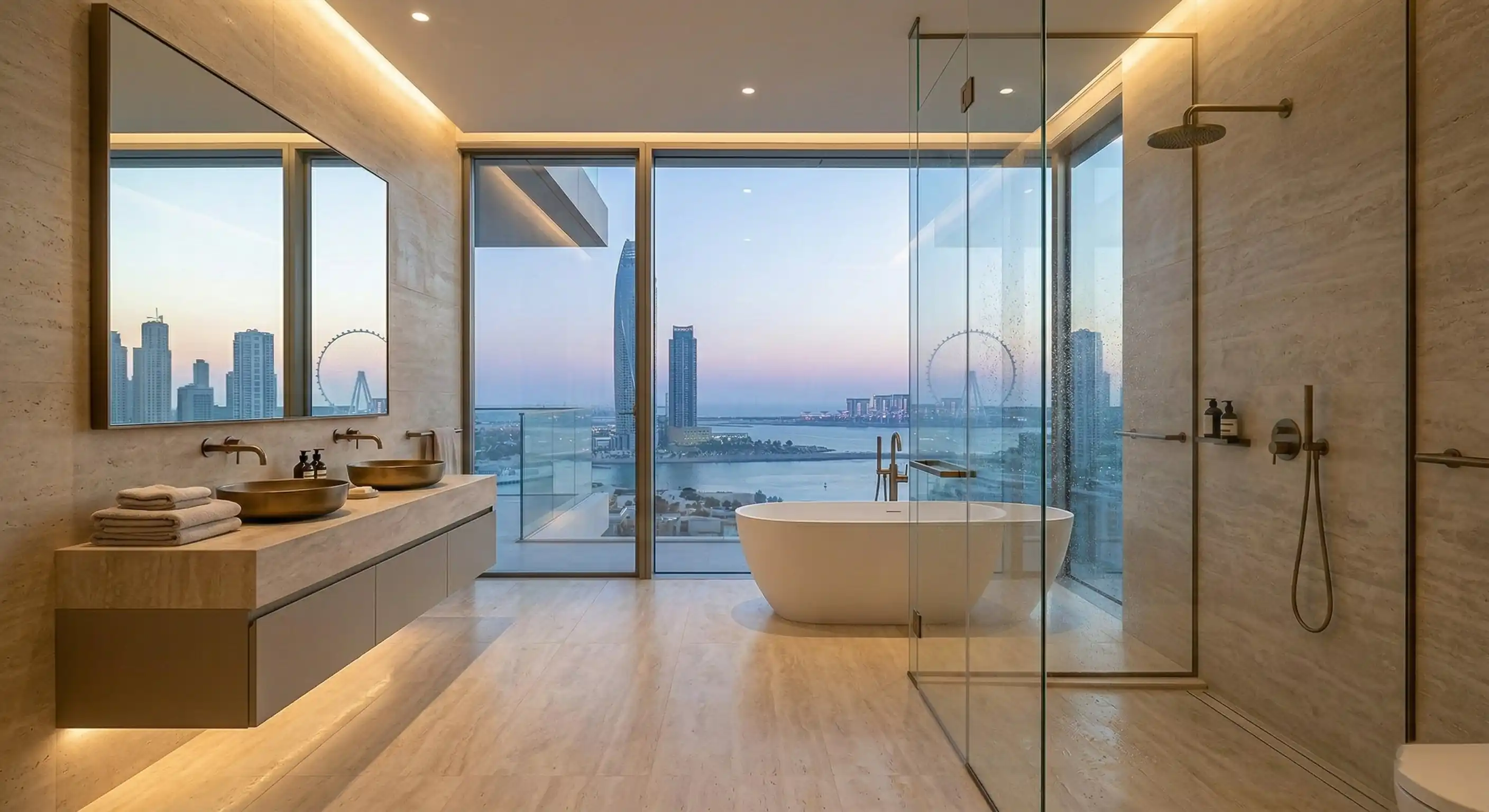 Luxury bathroom overlooking the marina