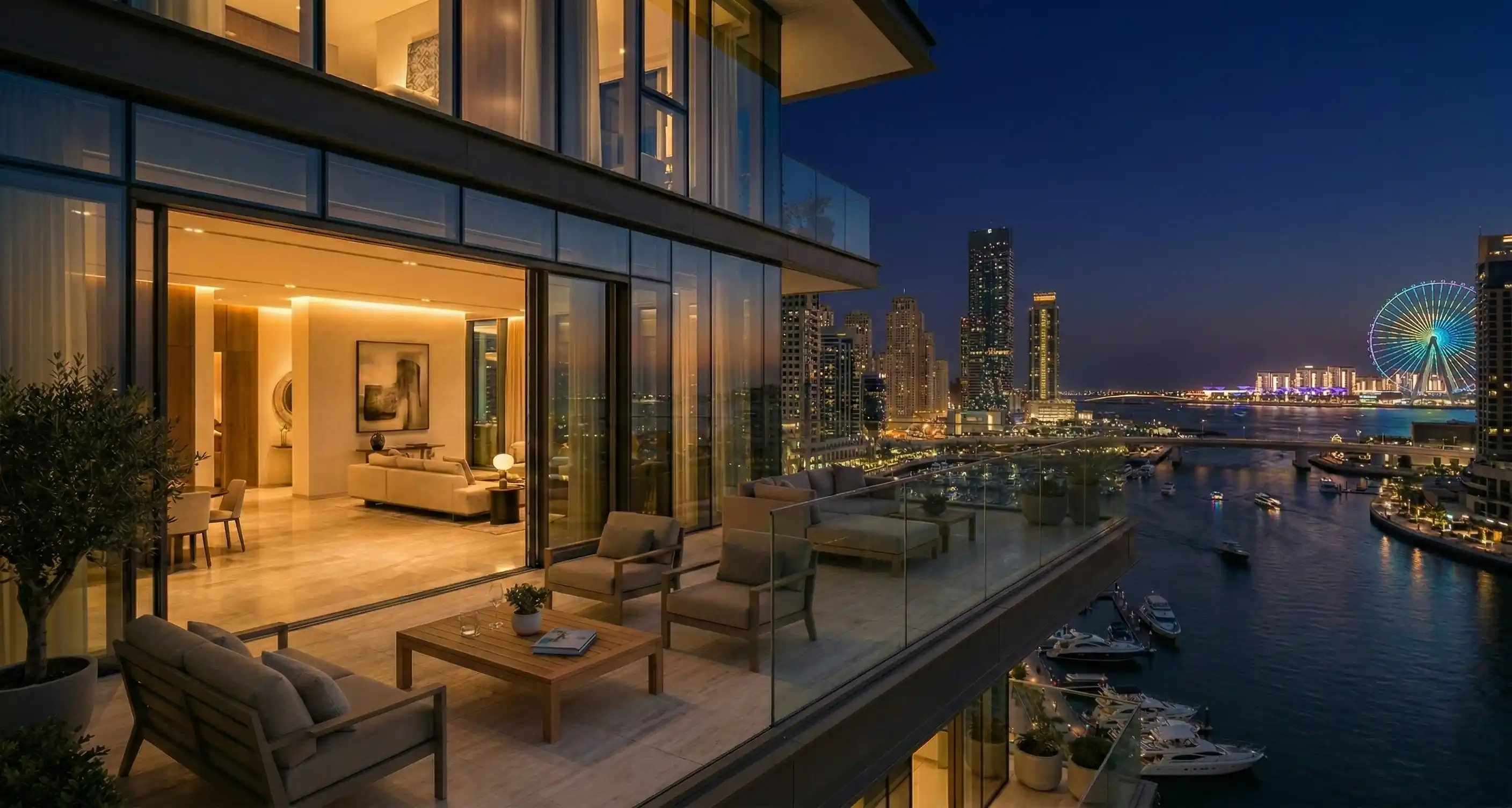 Penthouse terrace at night with marina lights